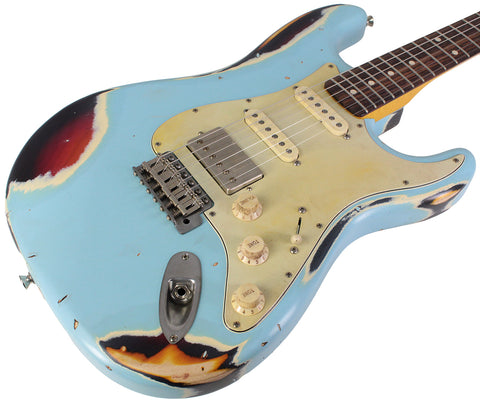 Nash S63 HSS Guitar, Sonic Blue over 3 Tone Sunburst | Humbucker Music