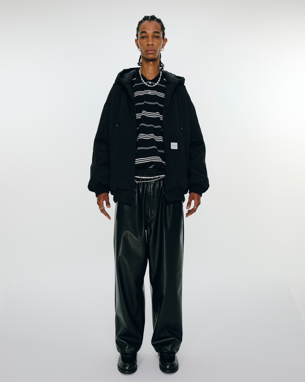 COOTIE PRODUCTIONS/Faux Leather 5 Pocket Wide Easy Pants（Black