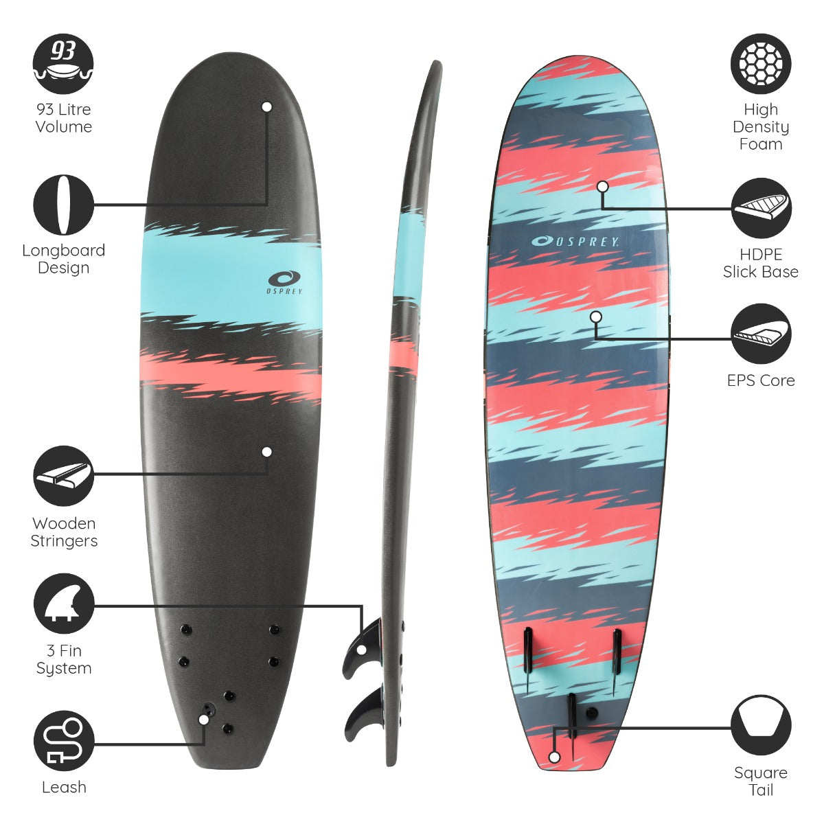 9ft 3in Foamie - Black Jagged Stripe | Beginner Surfboards | Osprey