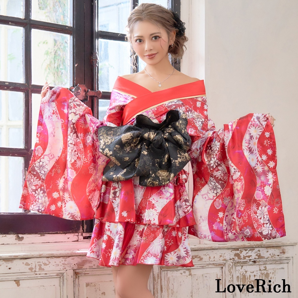 3点セット】花柄 セットアップ サテン生地 フリル ミニ 豪華 帯 花魁