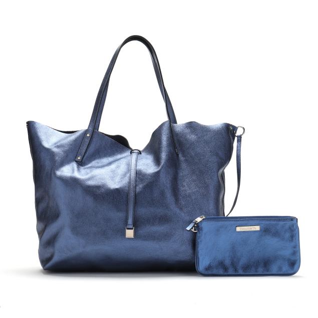 Blue Leather Reversible Tote Bag with Detachable Pouch, Tiffany