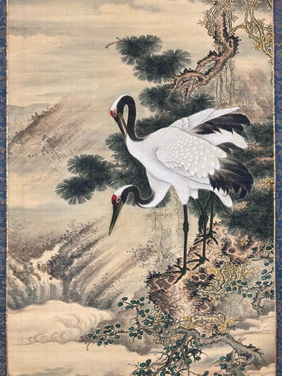 真作/久志/松上双鶴図/桐共箱付/布袋屋掛軸HF-