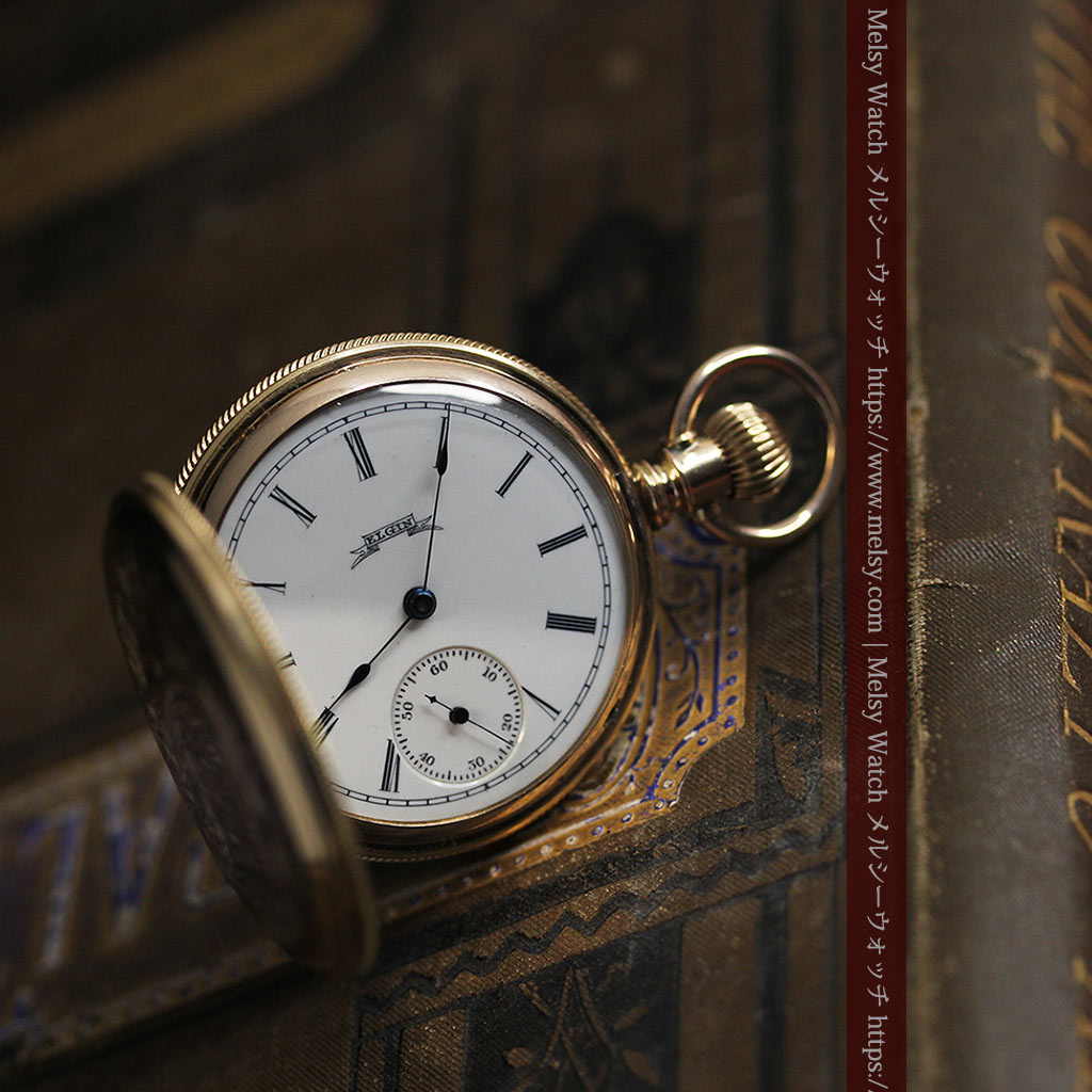 水鳥と植物の彫り エルジンのアンティーク金無垢懐中時計 【1886年頃】