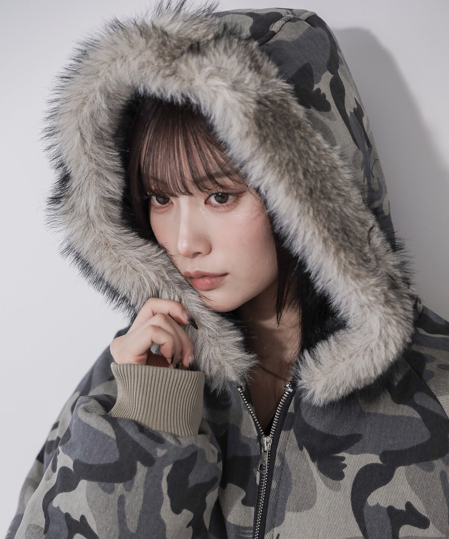 カモフラフェイクファーフーディ中綿ジャケット ／ camouflage fake