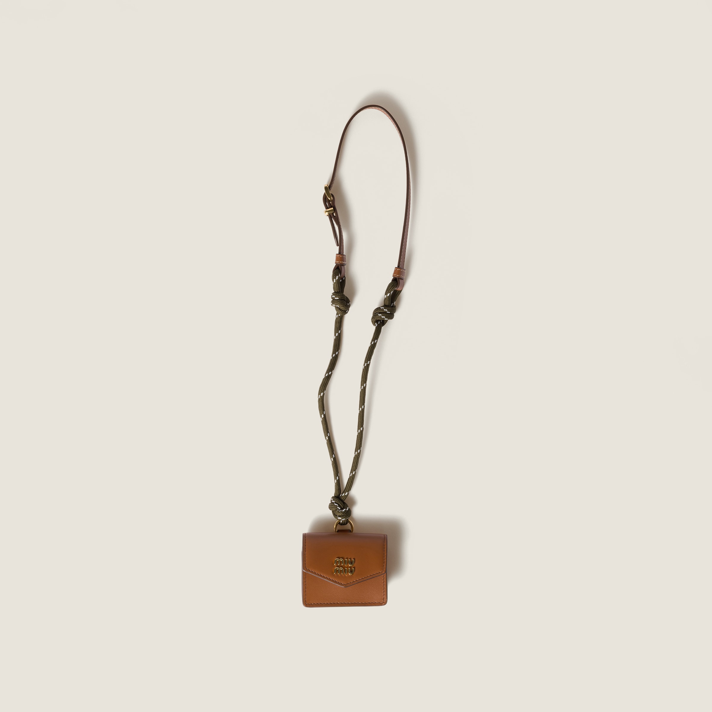 Cognac/forest Green Leather, Cord And Metal Trick Keyring | Miu Miu