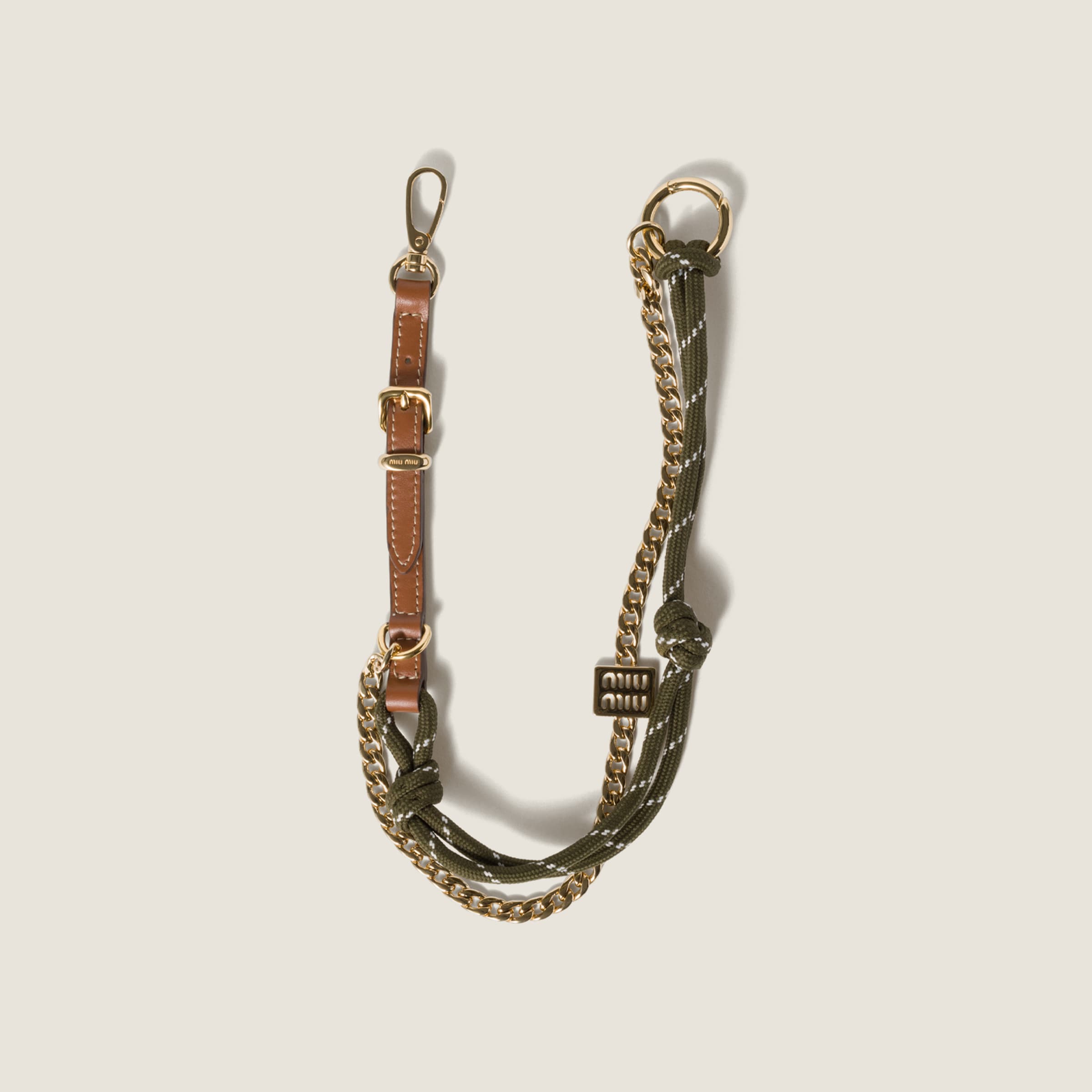 Cognac/forest Green Leather, Cord And Metal Trick Keyring | Miu Miu