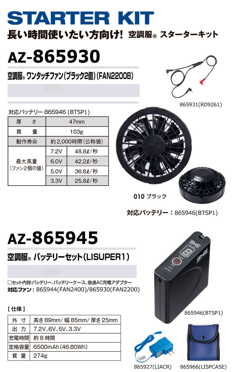 空調服 7.2Vバッテリーファンセット AZ-865963(SKSP02) スターター