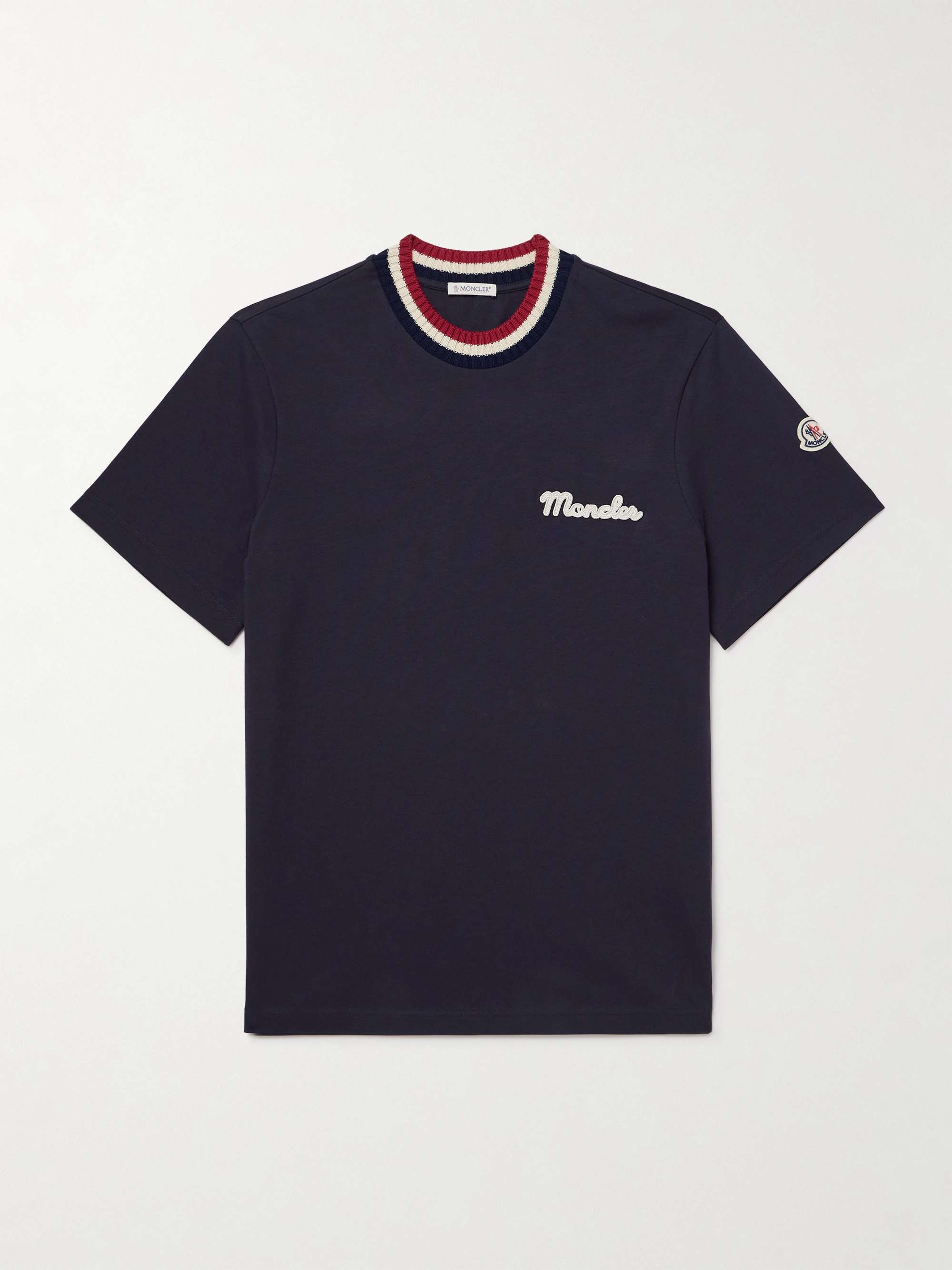 MONCLER Striped Stretch-Knit Trimmed Logo-Appliquéd Cotton-Jersey