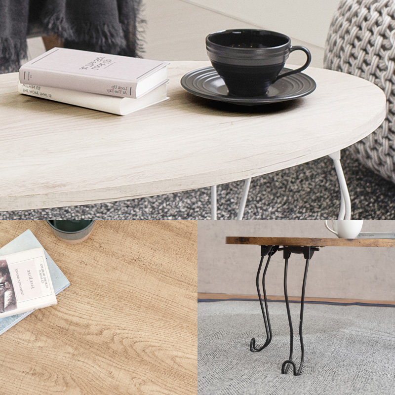 猫脚折りたたみテーブル 丸型 90×50 ヴィンテージ風 木目調 MT-6865を