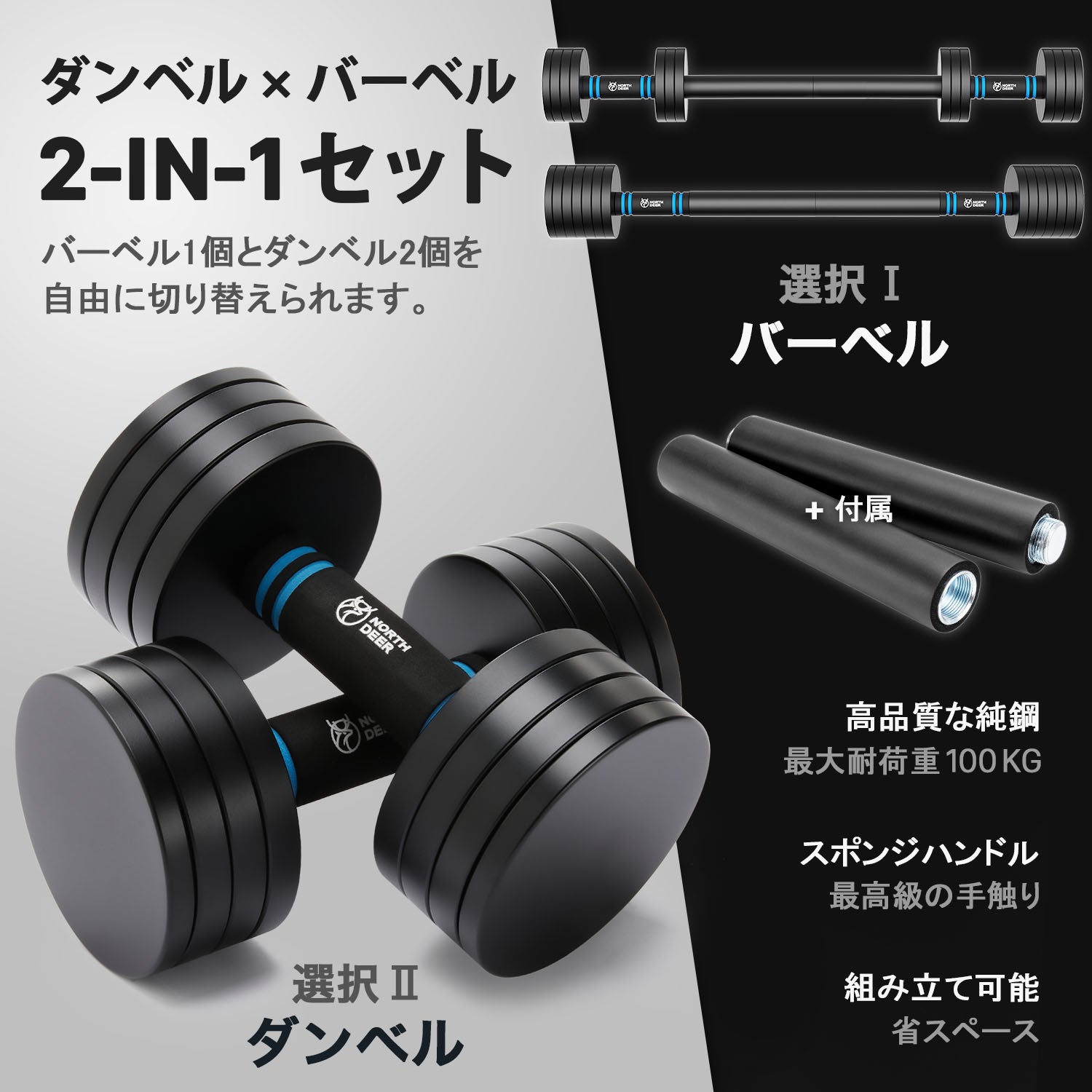 Northdeer 第二世代・可変式ダンベル・ブラック版 2.5kg/3kg/5.5kg/7.5
