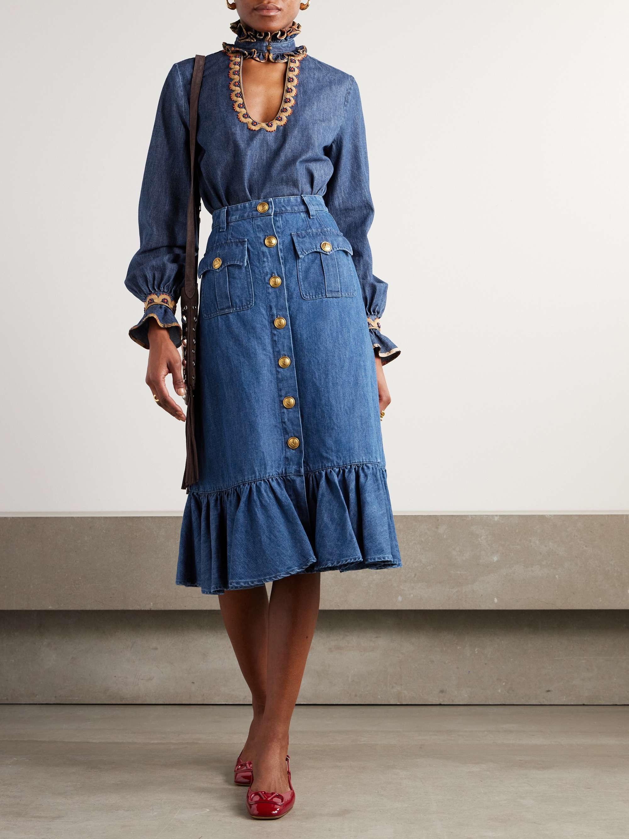 VALENTINO GARAVANI Ruffled denim midi skirt | NET-A-PORTER