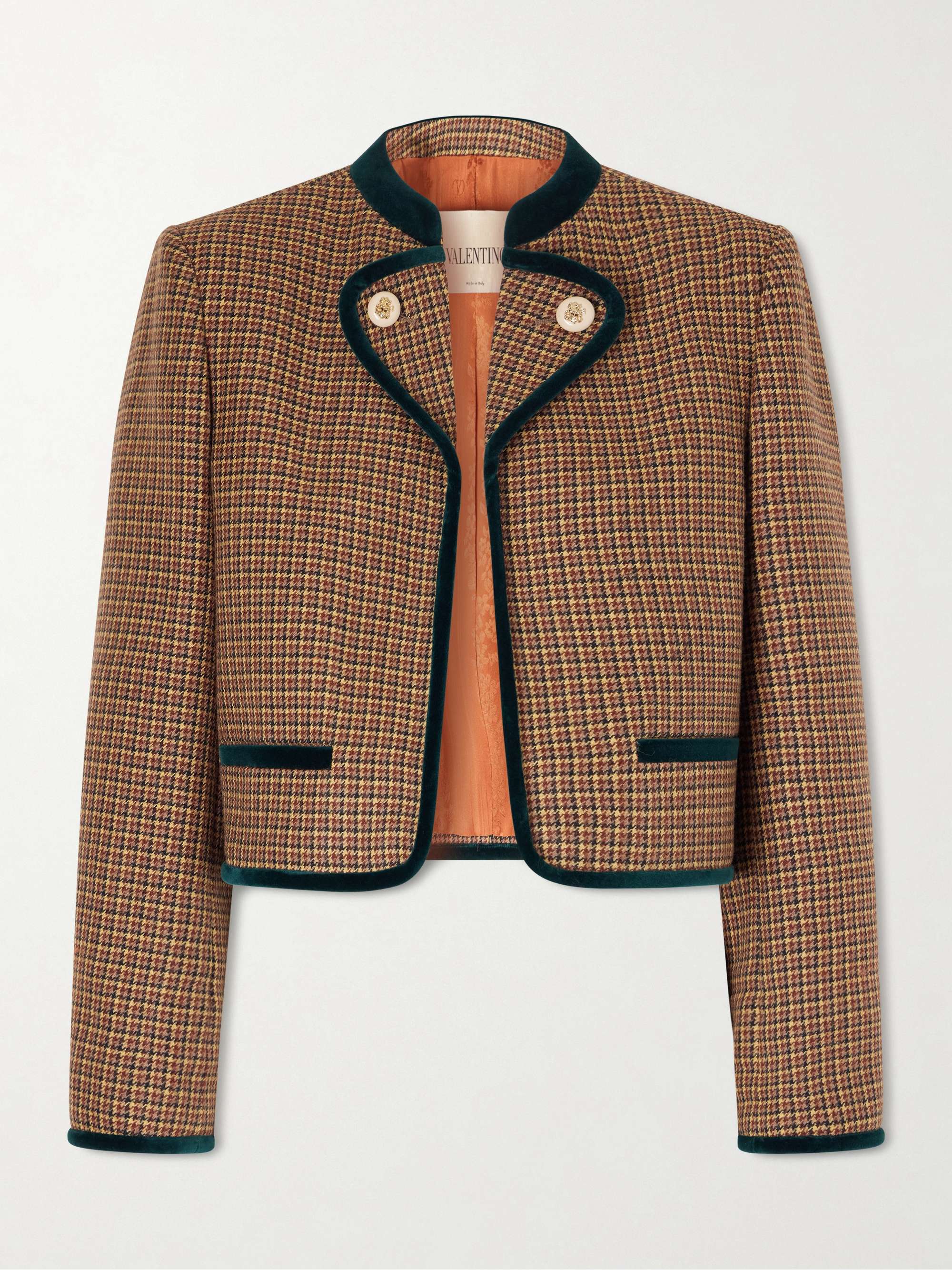 VALENTINO GARAVANI Cropped velvet-trimmed houndstooth wool jacket