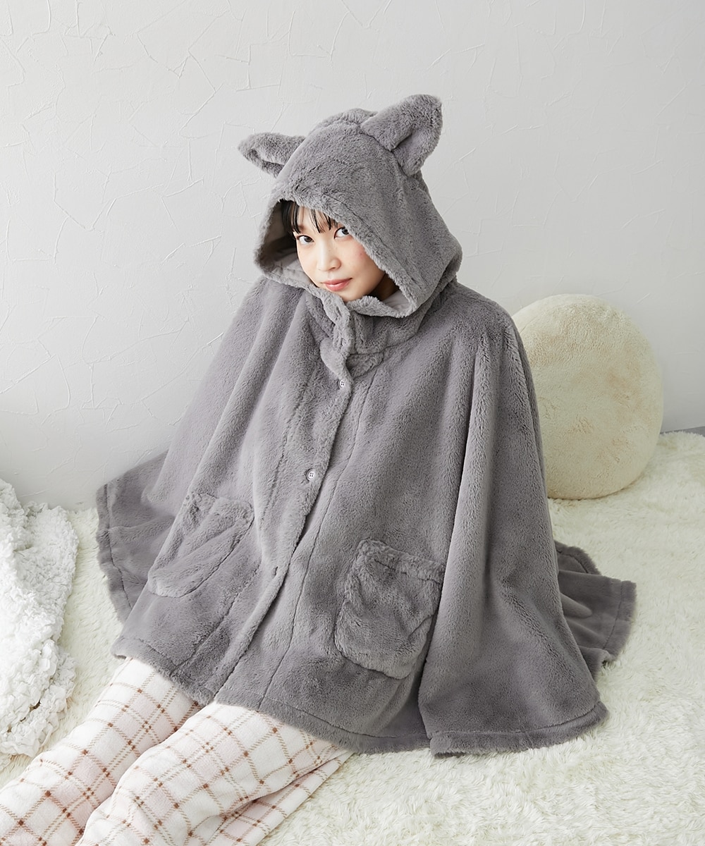 着れば猫 耳付き前開きルームポンチョ 通販【ニッセン】