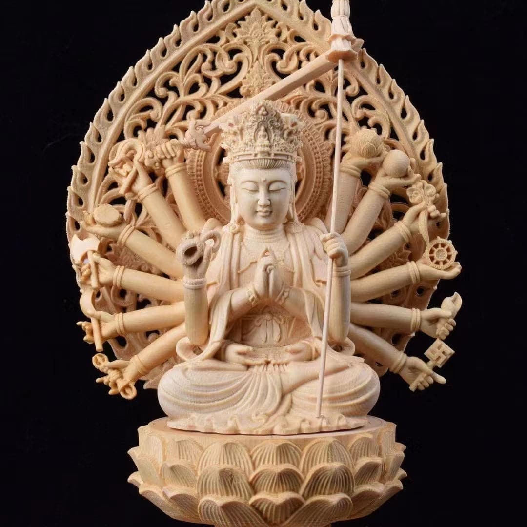 極上彫刻 木彫り仏像 准胝観音菩薩 七倶胝仏母像 天人丈夫観音 – 念珊