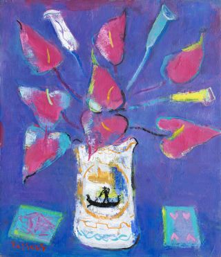 Y338 佐藤泰生 油彩画 「ダリアと百合と薔薇」 ガラス絵 日動画廊取扱　J Y338 佐藤泰生 油彩画 「ダリアと百合と薔薇」 ガラス絵 日動画廊取扱 J