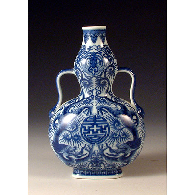 GE】Y2551【コレクター所蔵品】時代 染付双耳花入/中国古玩 中国美術