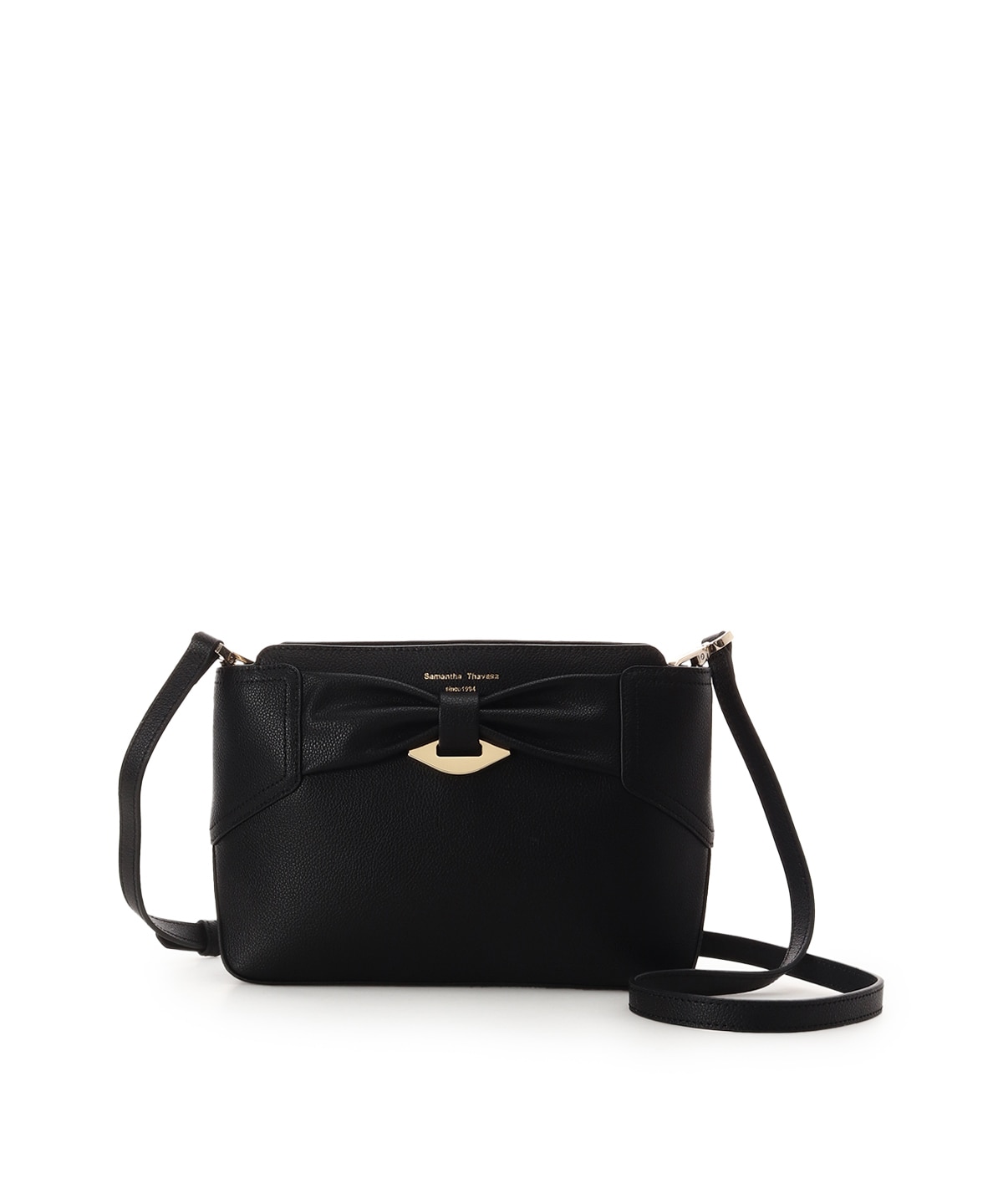 リボンモチーフ スプリットレザーショルダーバッグ(FREE ブラック