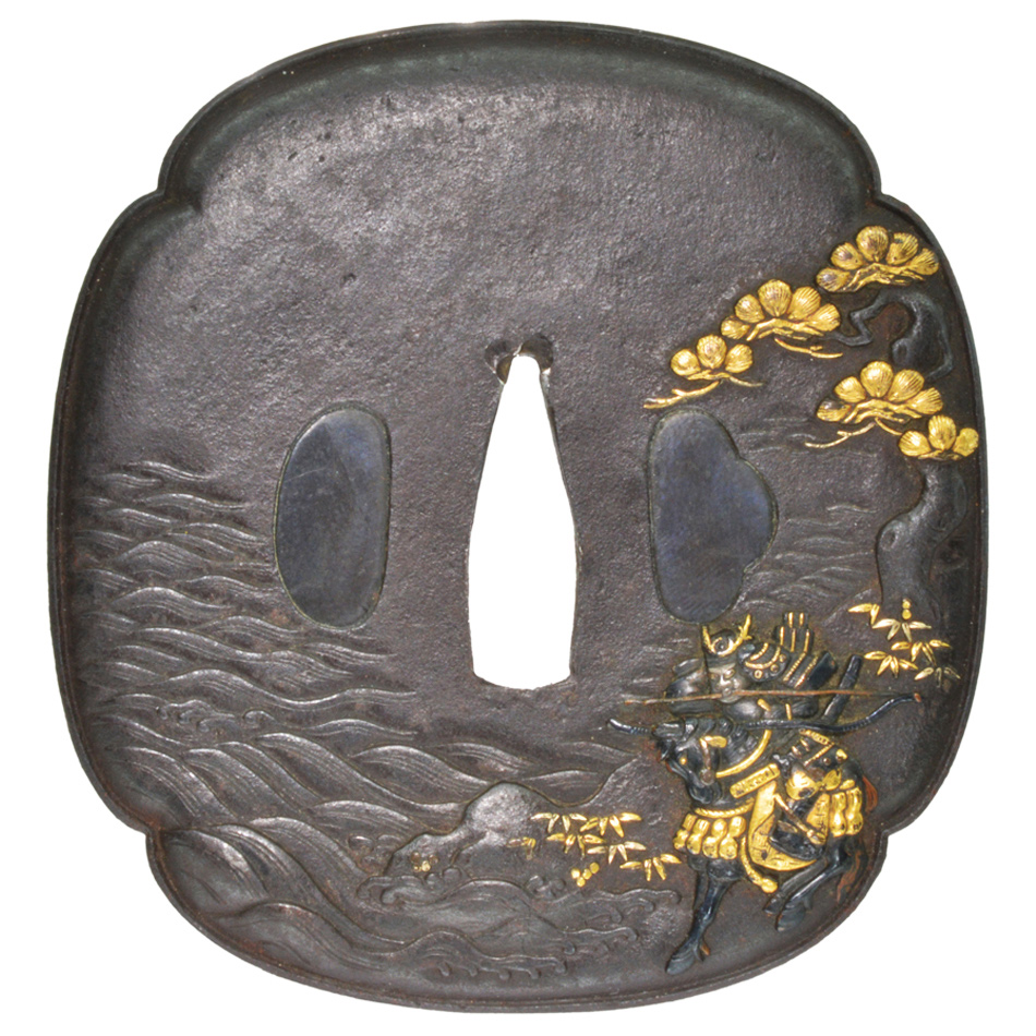 銅製 海老 笹 象嵌 鍔(つば) 刀 時代物 箱入 銅製 海老 笹 象嵌 鍔