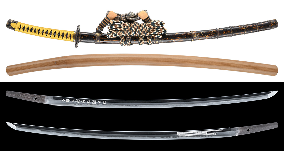 刀 兼付作（関）附 黒地金下地青漆雨龍紋散塗鞘太刀拵 (KA-081225)｜刀