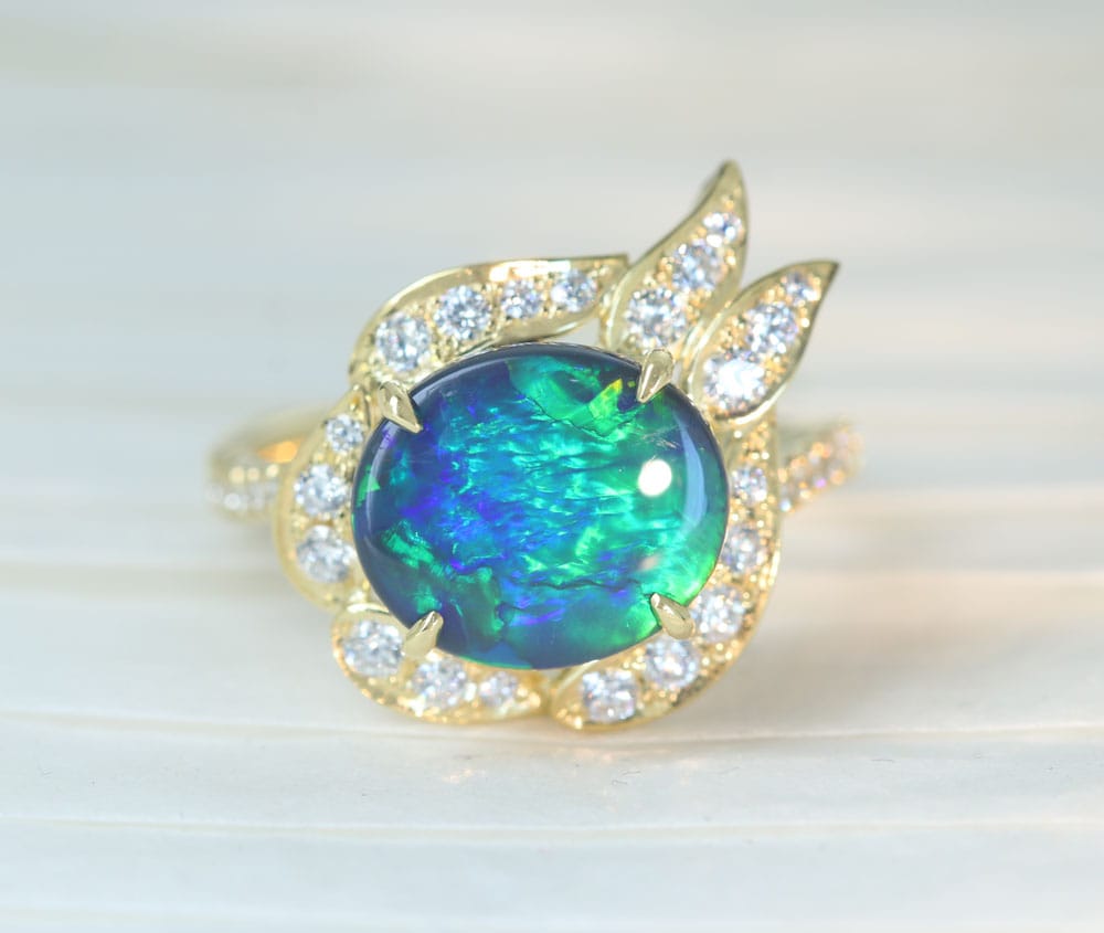 HANDMADE】K18 ブラックオパール 2.36ct ダイヤモンド 0.579ct リング