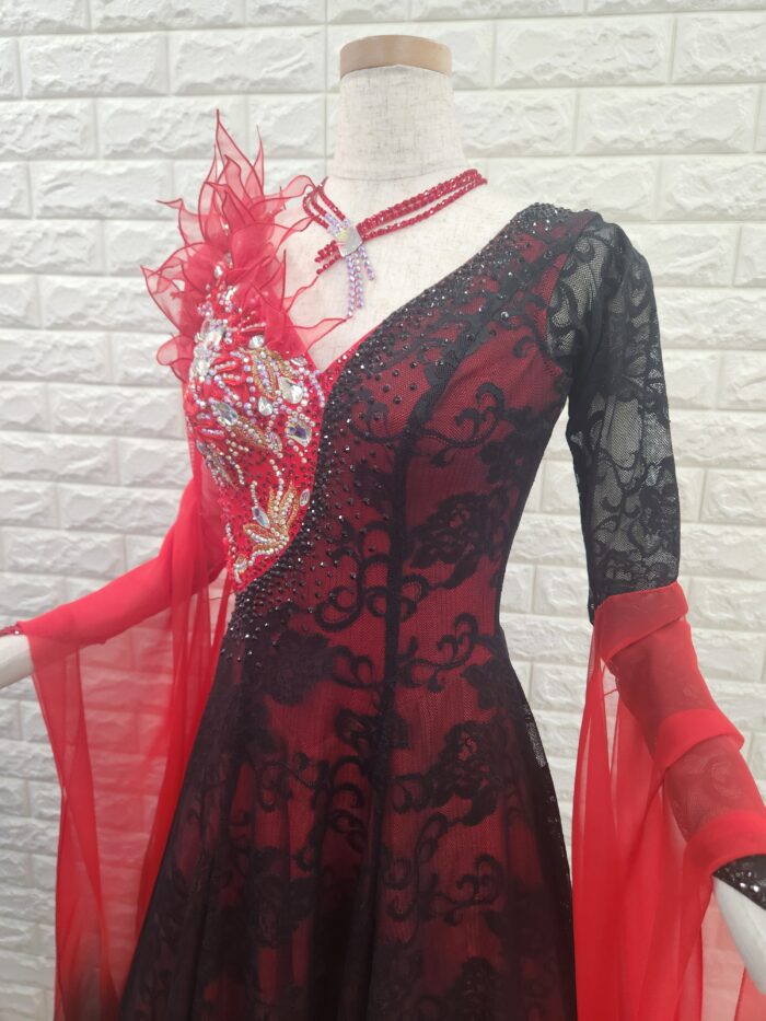 試着・レンタル・購入】社交ダンスドレス Lサイズ 赤黒 スタンダード
