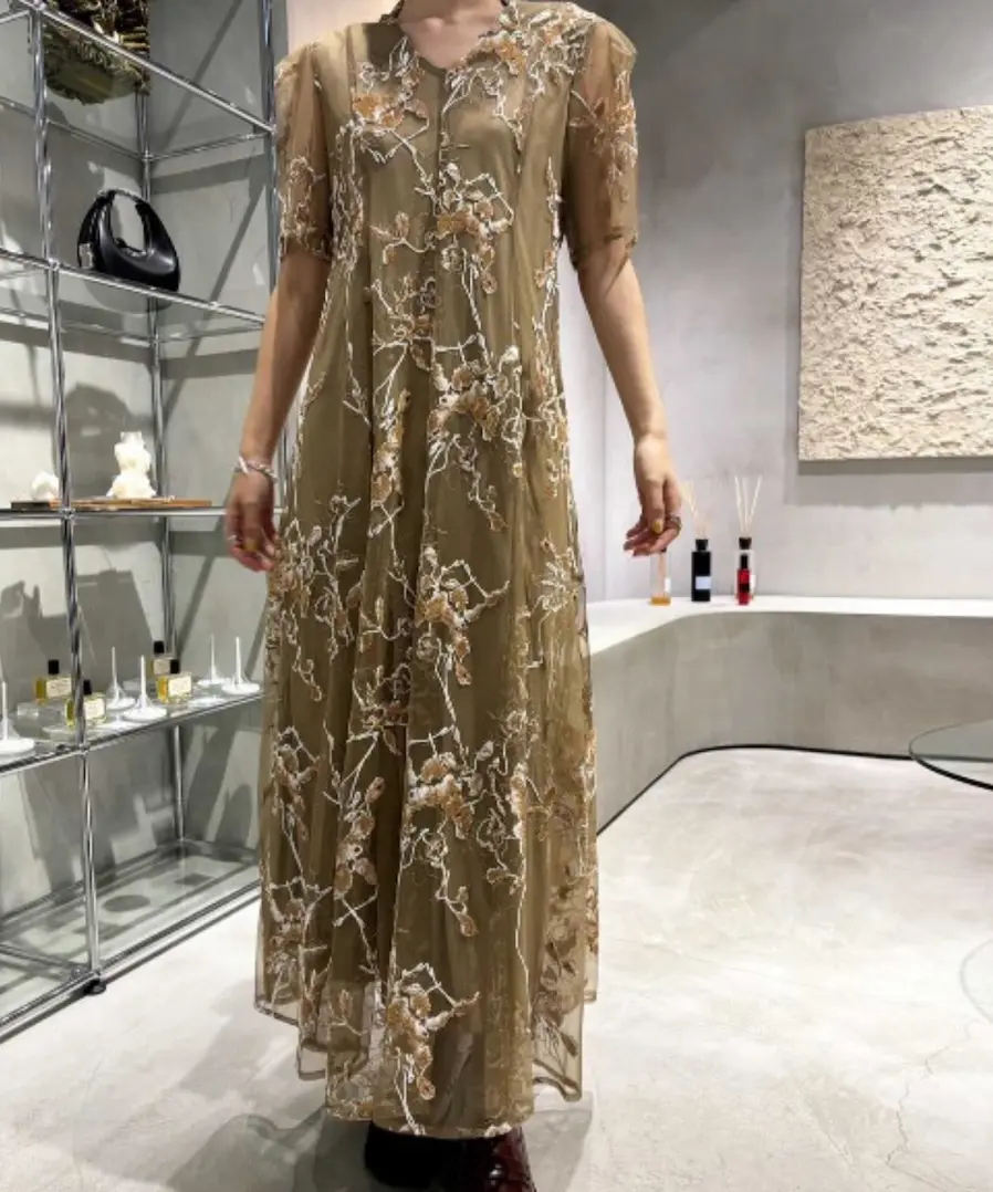 Mサイズ】スパンコール刺繍レースプチハイネックフリルロングドレス