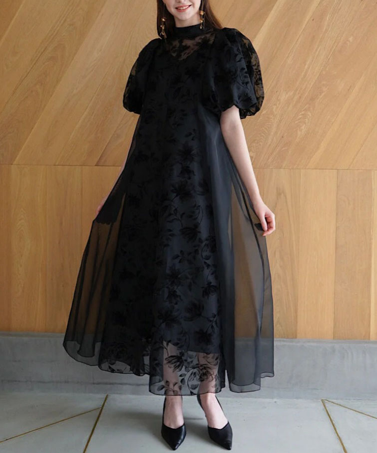 1サイズ】puffy sheer flower dress (black) Acka.（エーシーケーエー