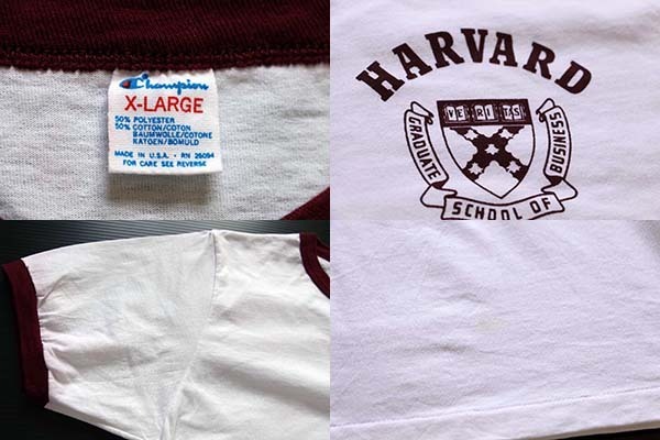 80s USA製 Championチャンピオン HARVARD 染み込みプリント リンガーT