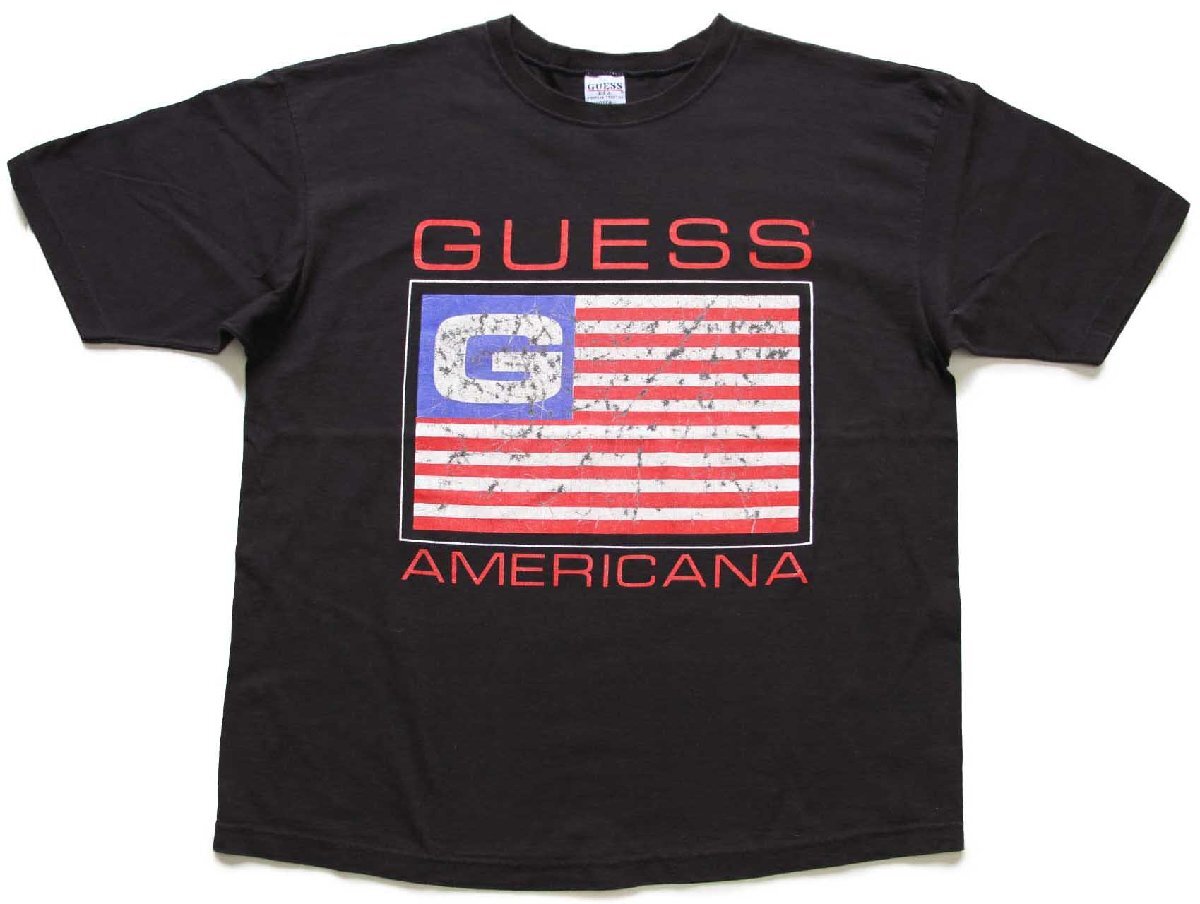 90s USA製 GUESSゲス AMERICANA 星条旗 コットンTシャツ 黒 OSFA