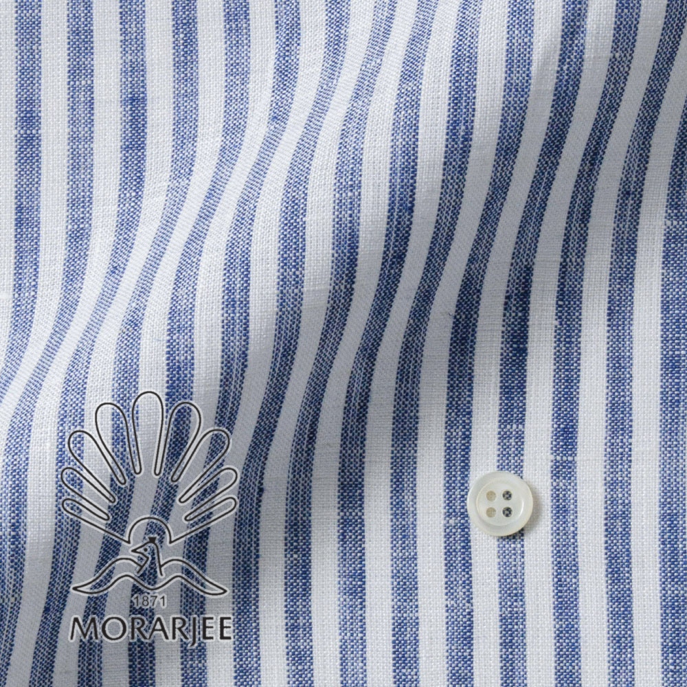 2L02】 リネン 平織り ブロックストライプ (ホワイト×ネイビー