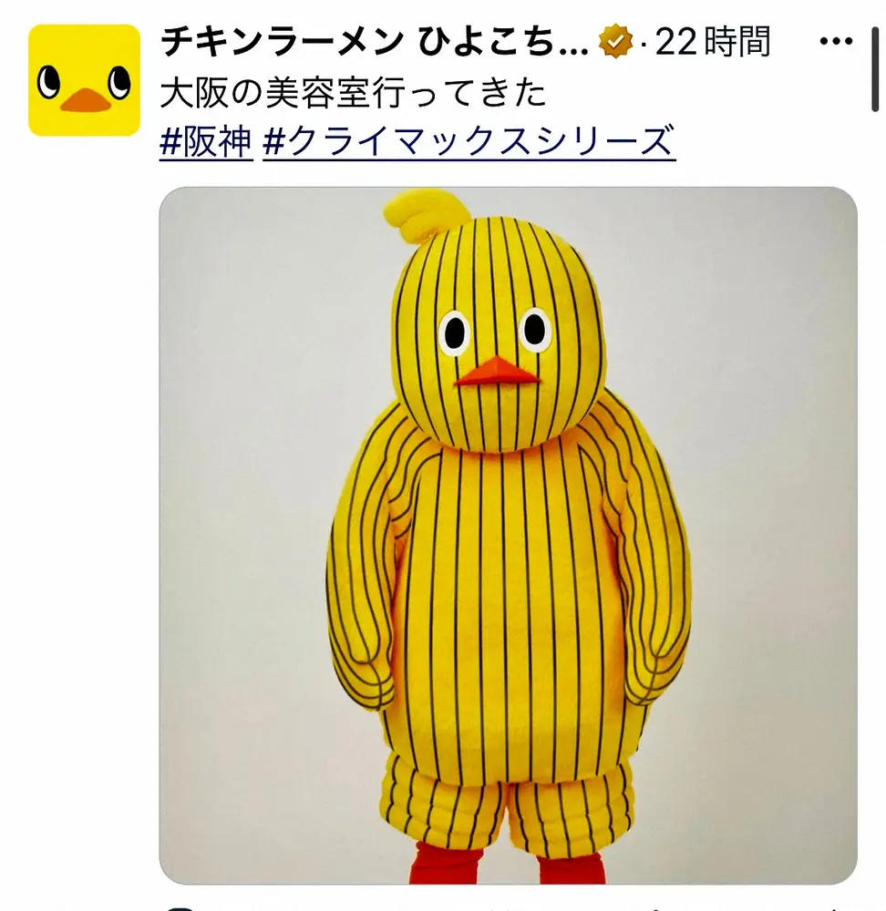 チキンラーメン「ひよこちゃん」衝撃的な姿で阪神を応援「トラ仕様です