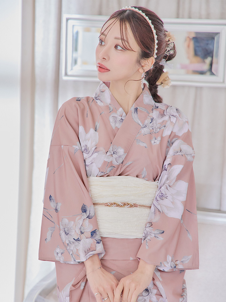 即日発送】大人スウィート/くすみピンク椿浴衣 【浴衣3点セット 浴衣