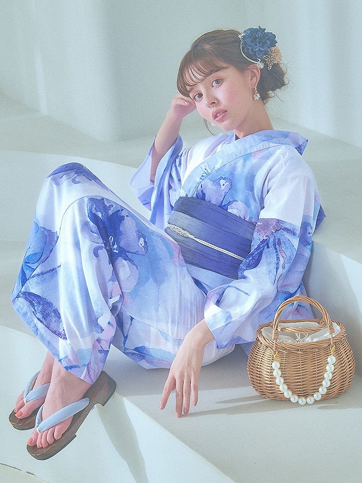 即日発送】水彩フラワーブルー浴衣【浴衣3点セット 浴衣/帯/下駄