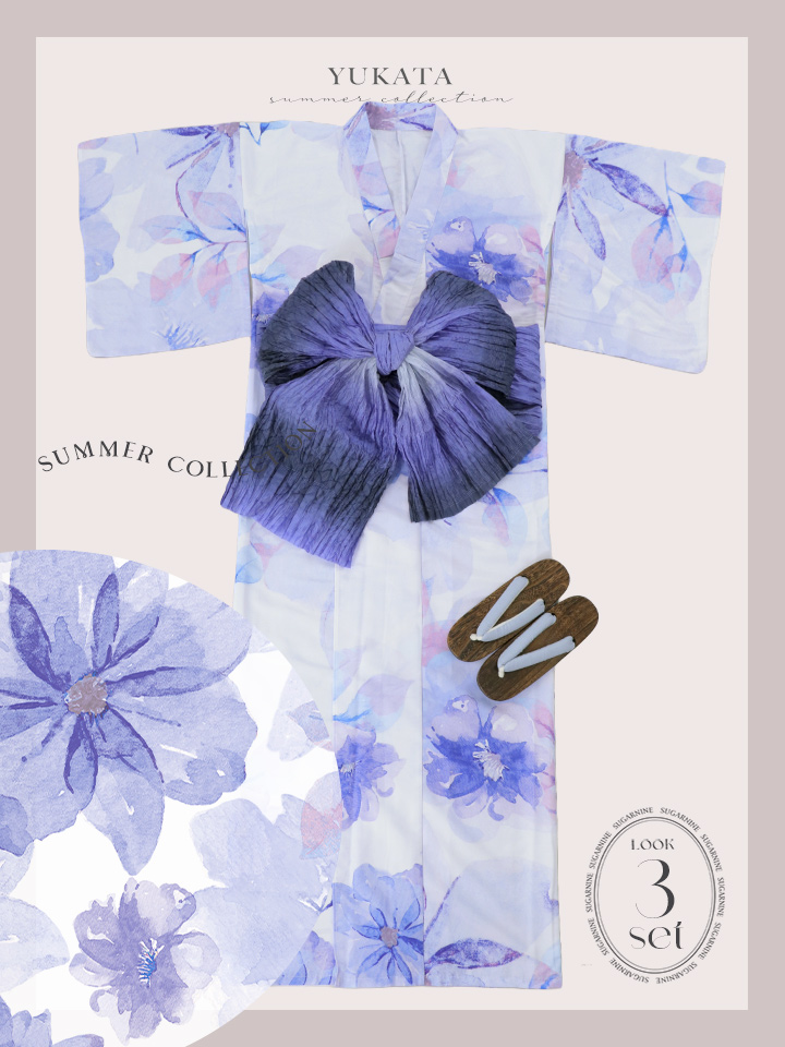 即日発送】水彩フラワーブルー浴衣【浴衣3点セット 浴衣/帯/下駄
