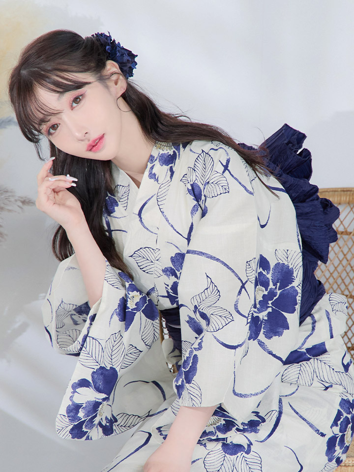 即日発送】水彩椿の綺麗系浴衣【浴衣3点セット 浴衣/帯/下駄】[OF04