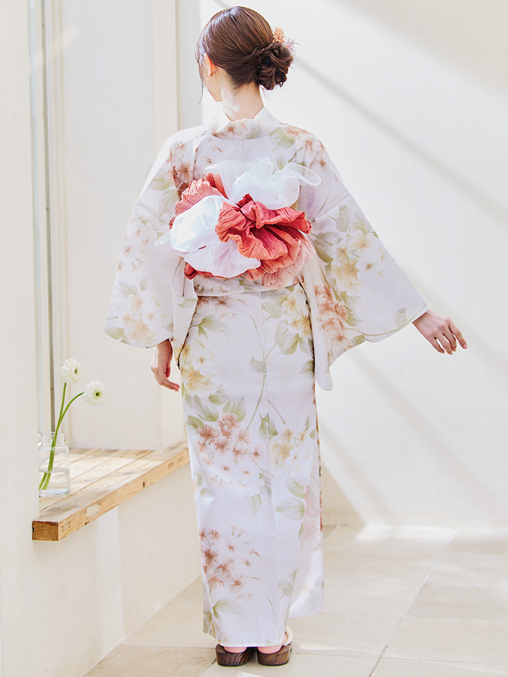 即日発送！】クリームイエロー×オレンジ紫陽花浴衣【浴衣3点セット