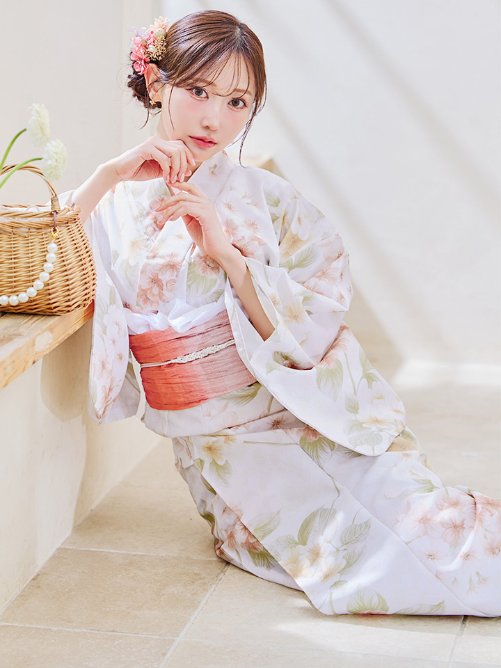 即日発送！】クリームイエロー×オレンジ紫陽花浴衣【浴衣3点セット