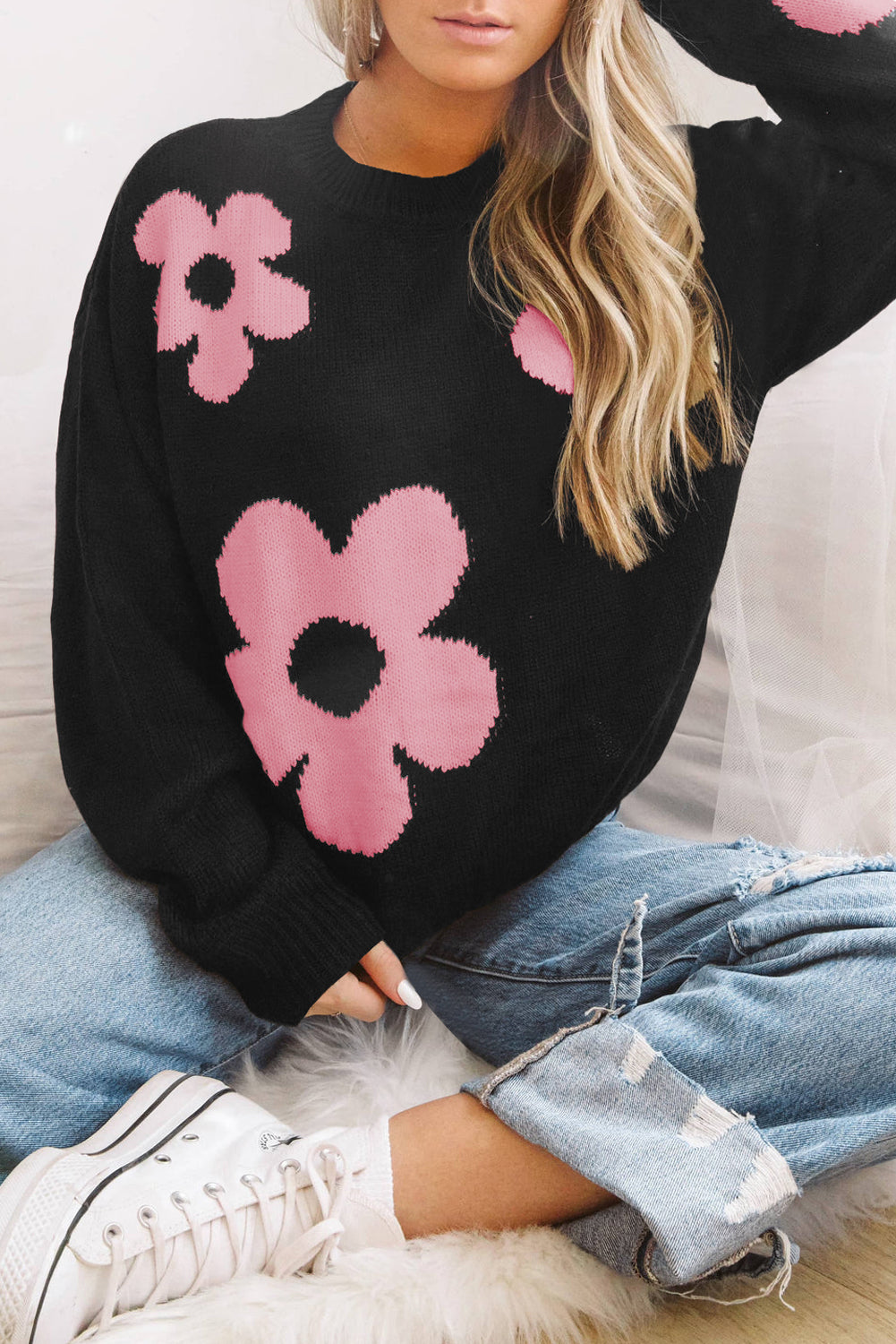 Black Flower Pattern Ribbed Trim Knit Round Neck Sweater – PINKCOLADA