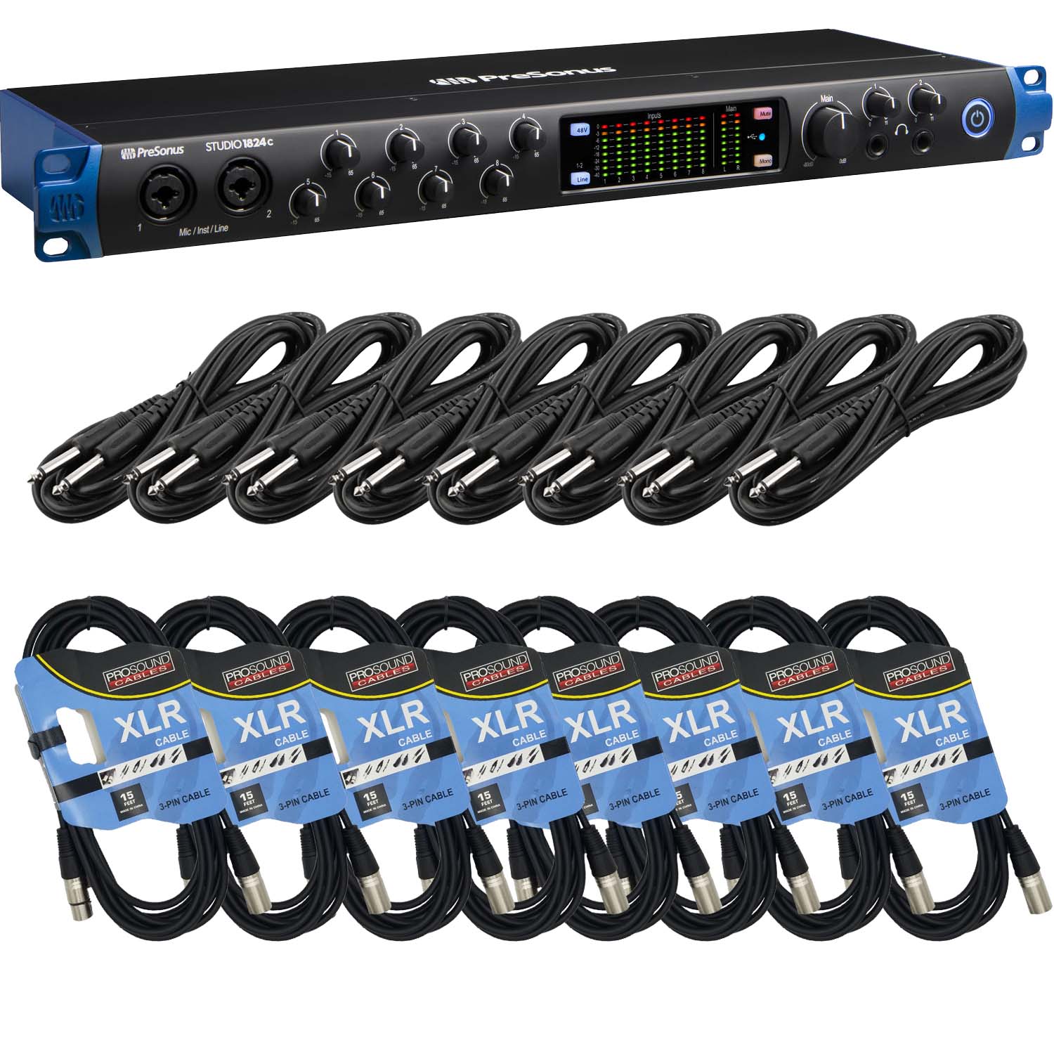 PreSonus Studio 1824c USB Interface, (8) XLR Cables, (8) 1/4
