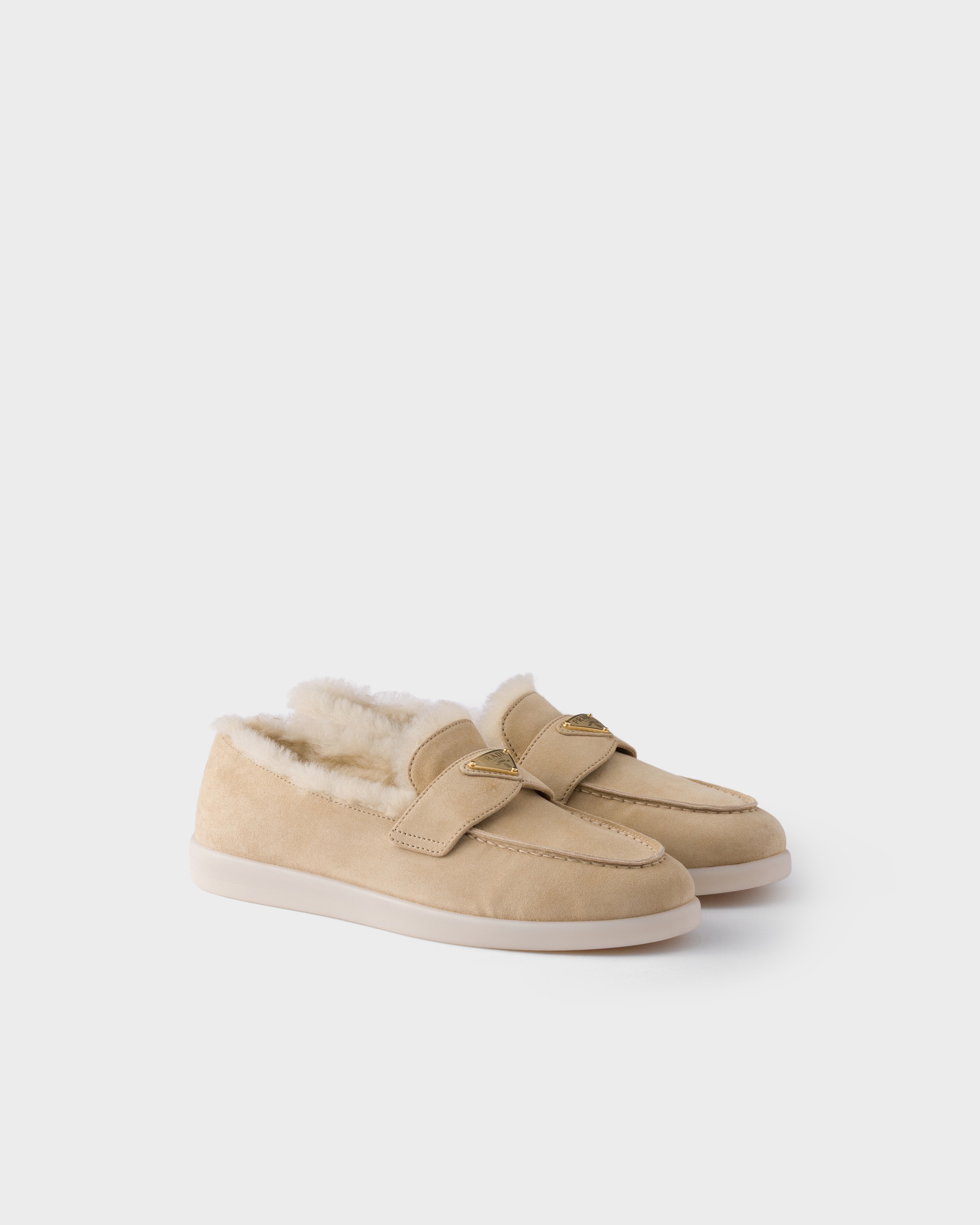 Ecru Suede And Shearling Loafers | PRADA