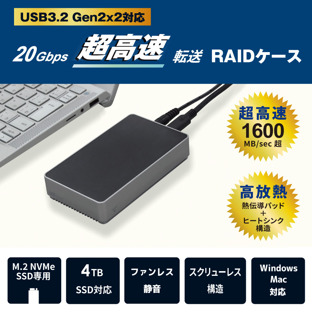 USB 20Gbps RAIDケース（M.2/NVMe SSD 2台用）RS-ECM2-R20G｜ラトック