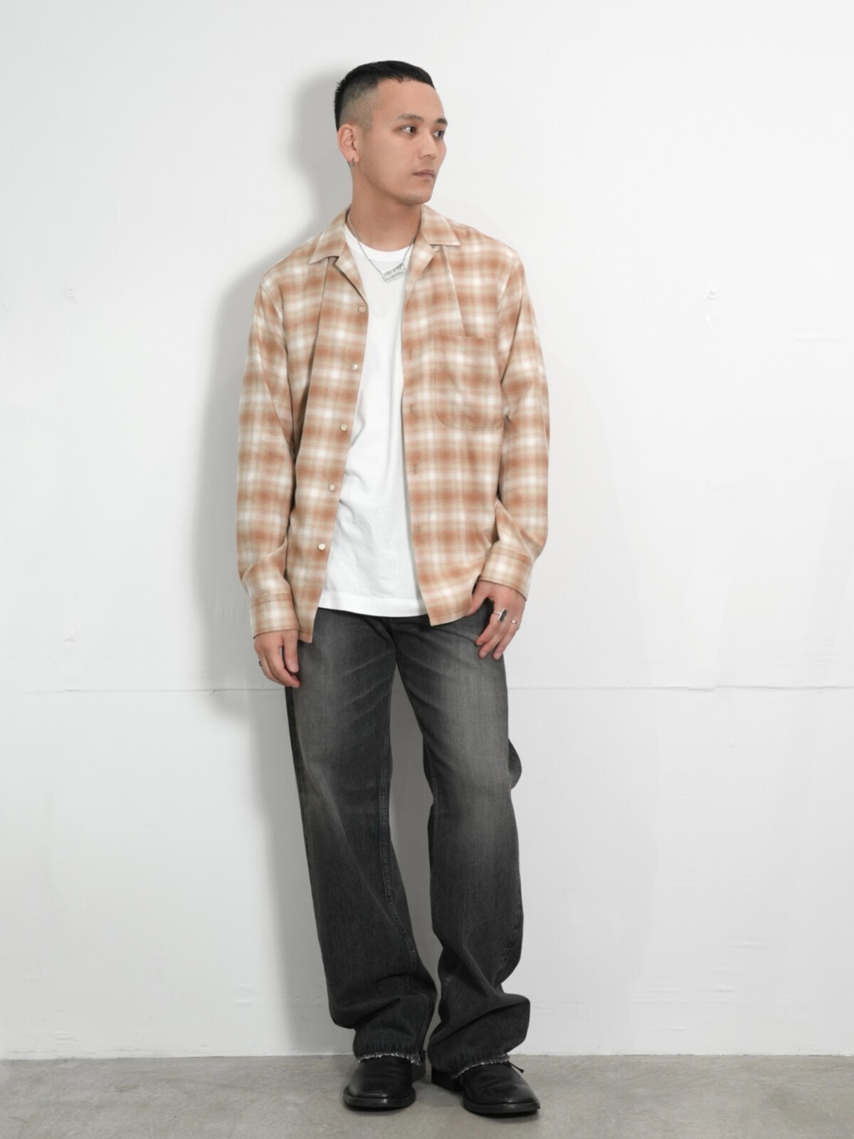 オンブレチェックオープンカラーシャツ -無染色オーガニックコットン