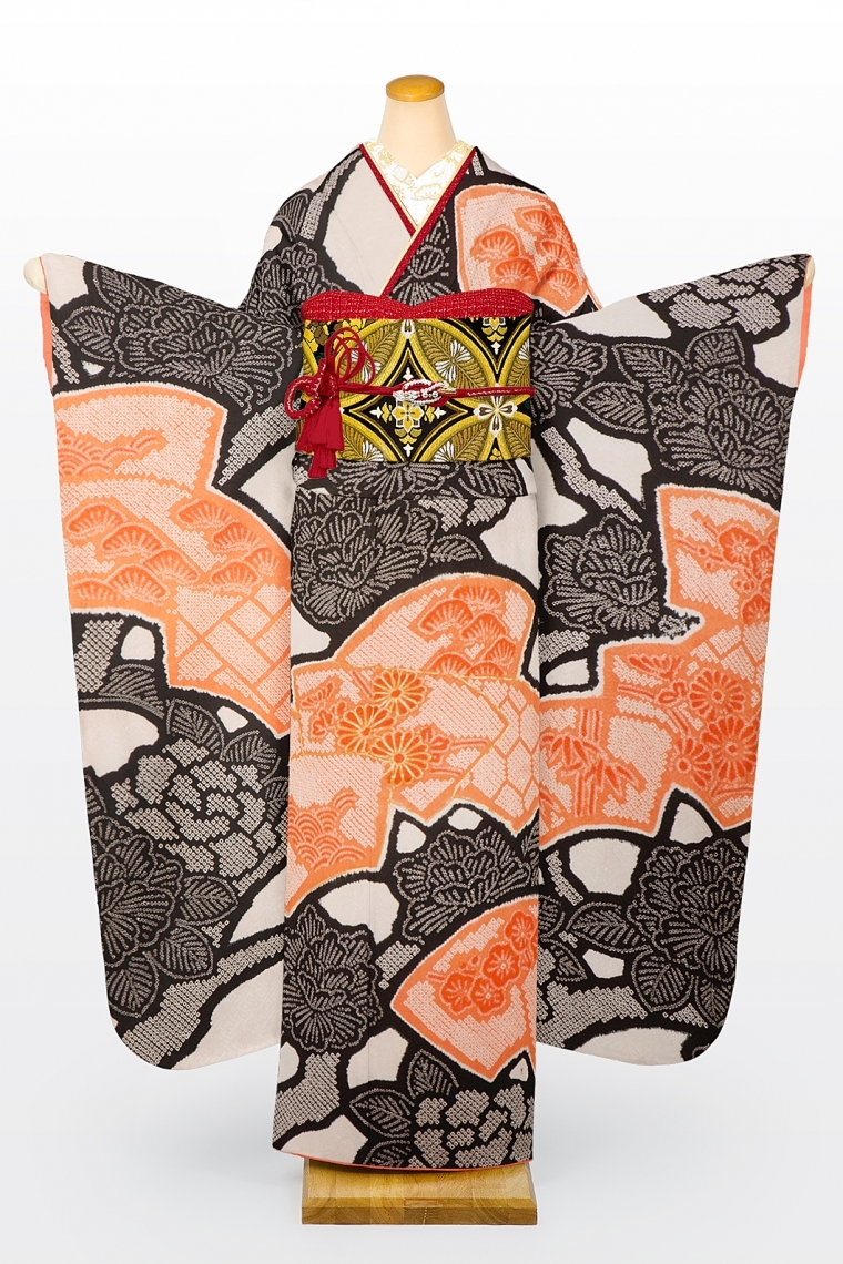 振袖レンタル 振袖Lサイズ 総絞り 扇面に牡丹 オレンジ/黒｜着物