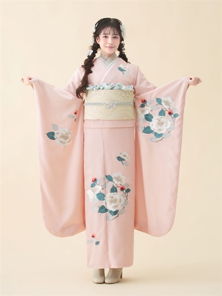 振袖レンタルセット つばき刺繍(うすピンク)【和風館ICHI】