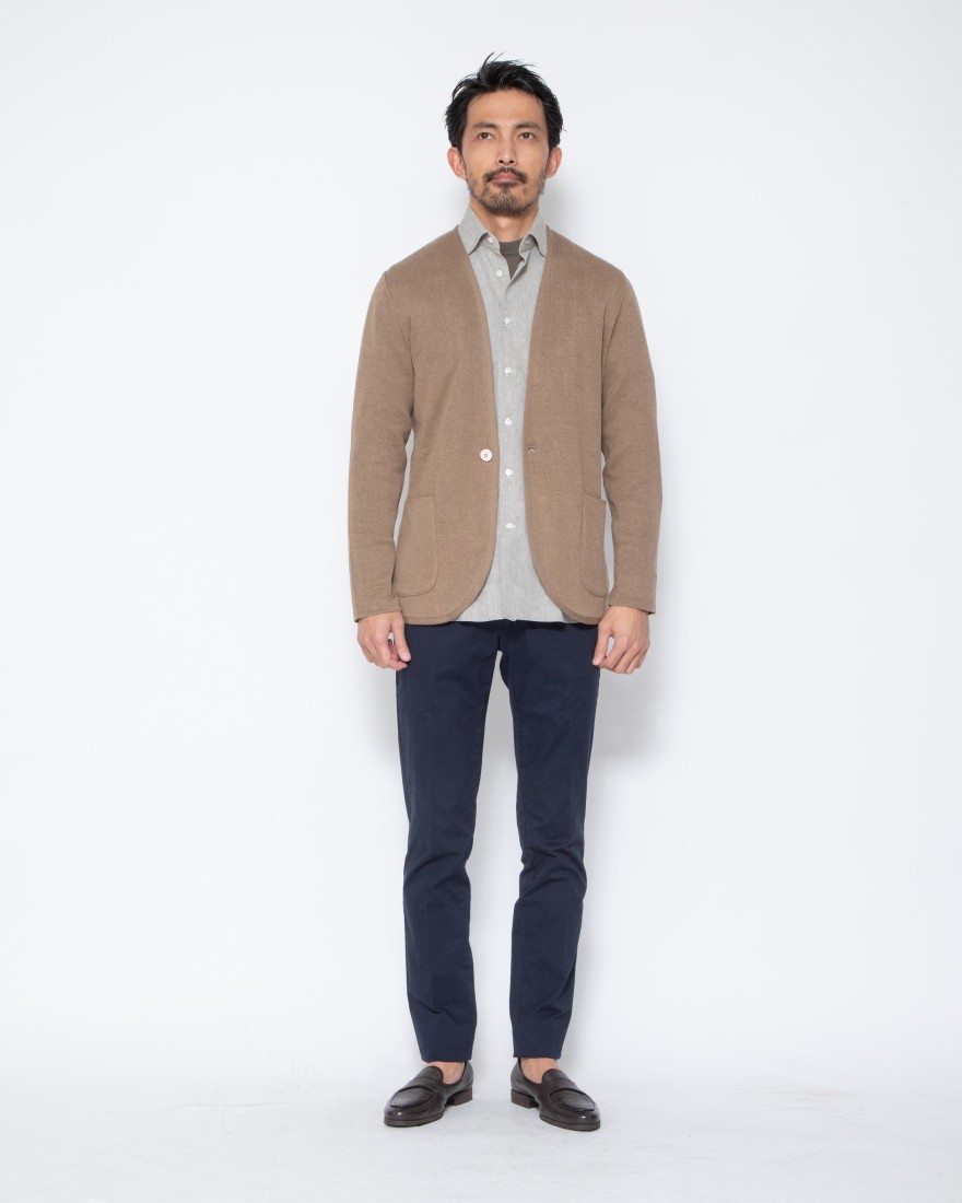 リネンコットン ノーカラーニットジャケット｜LARDINI（ラルディーニ