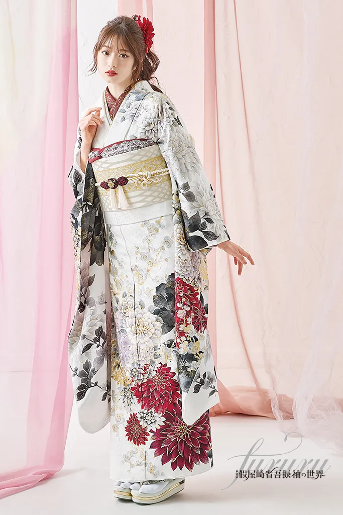 正統派古典 白/グレー 牡丹柄 お洒落 大人っぽい きれいめ 華やか 藤岡