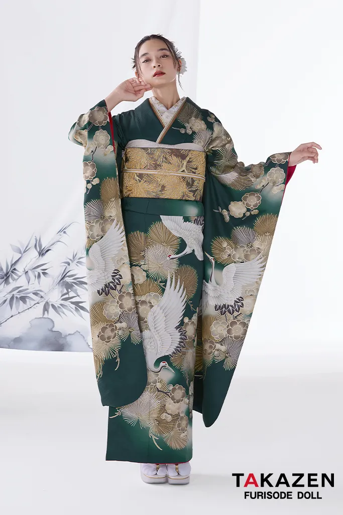 粋古典 緑/金/グリーン 鶴柄/針松柄 金彩京友禅 かっこいい振袖 大人っ