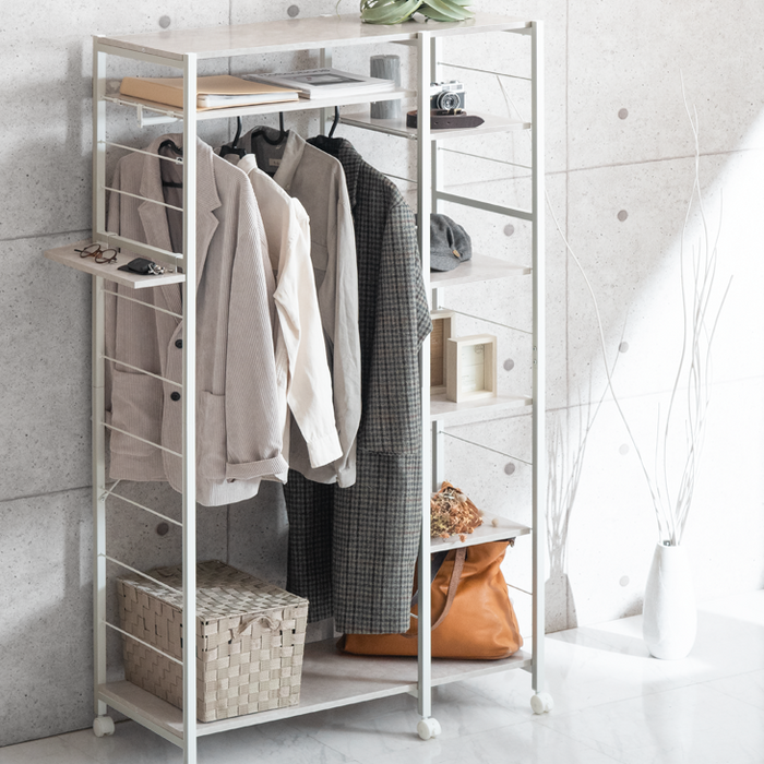 幅90cm］ ハンガーラック 小物トレイ付 キャスター付 可動棚