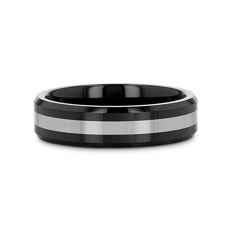 ASTADI Polished Black Beveled Ceramic Ring with Tungsten Inlay