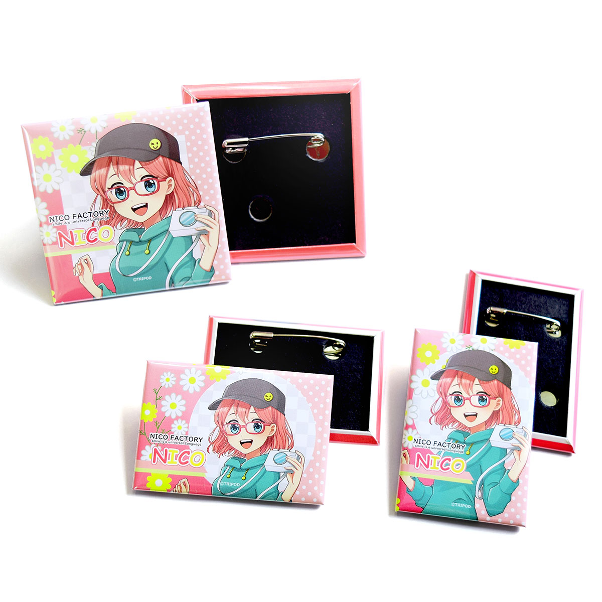 スクエア型缶バッジ｜オリジナルグッズ製作 NICO FACTORY